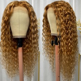 Julia Hair Honey Blonde 13x4 Lace Front Wig Water Wave Human Hair Wigs Light Brown Color Wig 150% Density