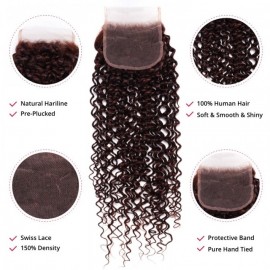 Julia Dark Auburn Jerry Curly 4x4 Swiss Lace Closure Reddish Brown Color 100% Human Hair One Piece