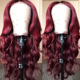 Julia Affordable 99J Burgundy Color Body Wave 13x4 Lace Front Wig Pre Plucked Human Hair