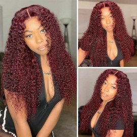 Julia Affordable 99J Burgundy Color Jerry Curly 13x4 Lace Front Wig Pre Plucked Human Hair