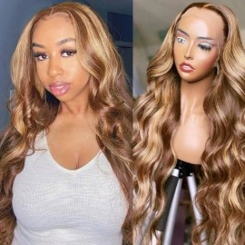 Julia Affordable Honey Blonde Highlight Body Wave Human Hair Wigs 13X5X0.5 T Part Middle Part Lace Front Wig