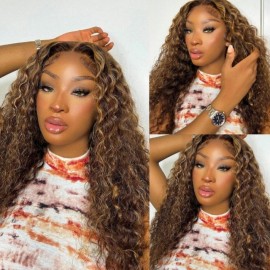Julia Honey Blonde Water Wave Highlighted Wig 13x4 Lace Front Human Hair Wigs Pre Plucked Piano Brown Color Wig