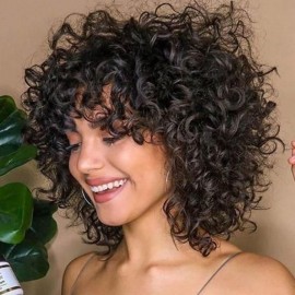 Julia New Fashion Glueless Short Pix Cut Bob Curly Wigs With Bangs 100% Human Hair Machine Made Wigs