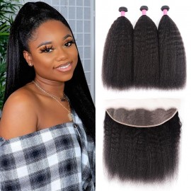 Julia 100% Real Human Hair Kinky Straight Bundles 3 Pieces With Lace Frontal