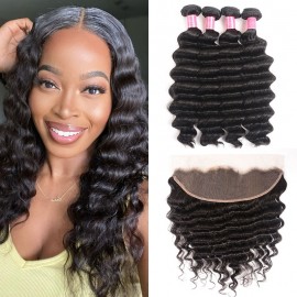 Julia Loose Deep Human Hair 4 Bundles With 13x4 Lace Frontal Natural Color Real Hair
