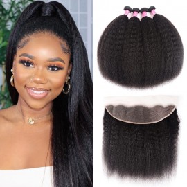 Julia Kinky Straight Hair Weaves 4 Bundles With Frontal 100% Pure Kinky Straight Human Hair 13x4 Lace Frontal