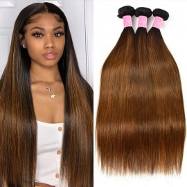 Julia 3 Bundles Brown Balayage Highlights Straight Human Hair With Ombre Color 4x4 Lace Closure