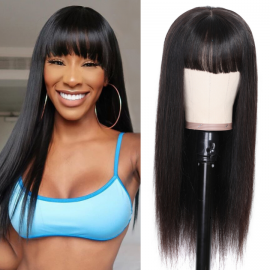 Julia Curtain Bangs Long Straight Hair Transparent Lace Front Wig Soft Human Hair Wigs With Bangs