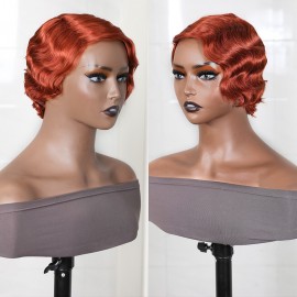 Julia Flaming Orange Color Finger Wave Pixie Cut Short Wig 150% Density13x4 Lace Frontal Bob Wig