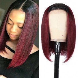 Julia 1B/99J Burgundy Color 4X4 Lace Closure Wig With Black Root Bob Wig