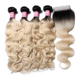 Julia 1B/613 Color Body Wave Human Hair Bundles 4 Pcs With Closure Ombre Virgin Brazilian Hair Weaves