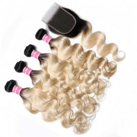 Julia 1B/613 Color Body Wave Human Hair Bundles 4 Pcs With Closure Ombre Virgin Brazilian Hair Weaves