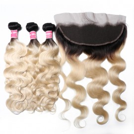 Julia Blonde Ombre Human Hair Body Wave 3 Bundles With 13x4 Frontal 1B/613 Color