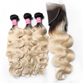Julia Blonde Ombre Human Hair Body Wave 3 Bundles With 13x4 Frontal 1B/613 Color