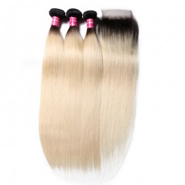 Julia 3 Bundles 1B/613 Color Ombre Straight Human Hair With 4x4 Closure 100% Quality Ombre Straight Hair Bundles