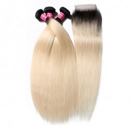 Julia 3 Bundles 1B/613 Color Ombre Straight Human Hair With 4x4 Closure 100% Quality Ombre Straight Hair Bundles