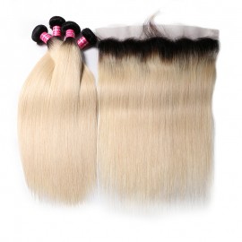 Julia 4Pcs 1B/613 Straight Human Hair Bundles With 13x4 Frontal Closure Best Ombre Human Hair Weaves Online