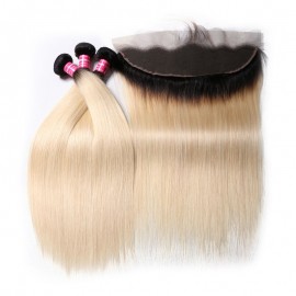 Julia Ombre Straight Virgin Human Hair Weaves 3 Bundles With Frontal Best 1B/613 Bundles With Frontal