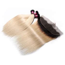 Julia Ombre Straight Virgin Human Hair Weaves 3 Bundles With Frontal Best 1B/613 Bundles With Frontal