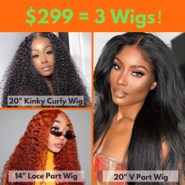 Julia Hair $299 Get 3 Wigs 20" Kinky Curly Wig 14 " Body Wave T Part Wig 20" V Part Wig Flash Sale No Code Needed!