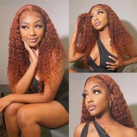 Julia #30 Brown Ginger Color Jerry Curly Wigs with 4*0.75 Middle Lace Part or 13*4 Transparent Lace Frontal Wig Mary Same Hair
