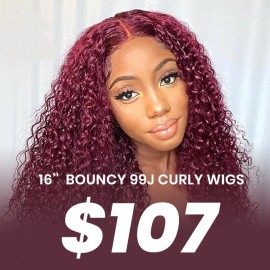 Julia 16 Inch 99J Dark Burgundy Color Curly Human Hair Wigs 4X4 Middle Part Red Wine Color Wigs Flash Sale