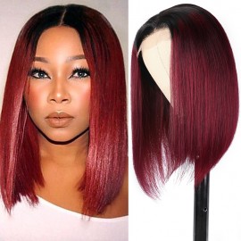 Julia 1B/99J Burgundy Color 4X4 Lace Closure Wig With Black Root Bob Wig