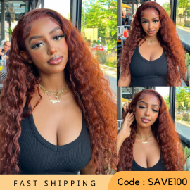 Julia Hair Affordable Reddish Brown Human Hair Wigs Dark Auburn Colored Wigs Water Wave Transparent Lace Frontal Wig 150% Density Flash Sale $100 Off
