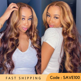 Julia Hair Affordable Honey Blonde Highlights 13X4 Lace Front Wig 150% Density Body Wave Transparent Lace Human Hair Wigs $100 Off