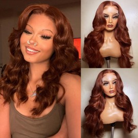 Julia Reddish Brown Human Hair Water Wave Wigs Dark Aurbun Colored Transparent Lace Front Wigs 150% Density