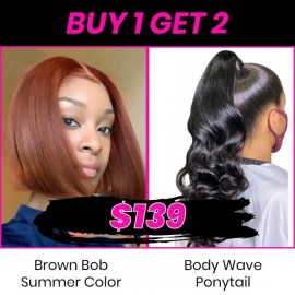 Julia Buy One Get One Free: Reddish Brown Lace Part BOB Wig With The Body Wave Long Weave Ponytail 100% Human Hair