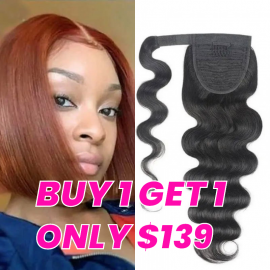 Julia Buy One Get One Free: Reddish Brown Lace Part BOB Wig With The Body Wave Long Weave Ponytail 100% Human Hair