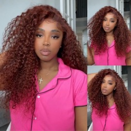 Julia Hair Affordable Reddish Brown Colored Wigs Jerry Curly Wigs 150% Density 13x4 Lace Frontal Wig