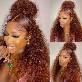 Julia Hair Affordable Reddish Brown Colored Wigs Jerry Curly Wigs 150% Density 13x4 Lace Frontal Wig