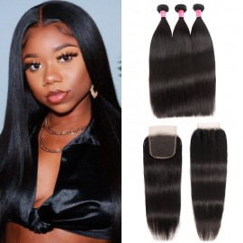 Julia High Quality 1 Piece Straight Lace Closure With 3 Pcs Virgin Straight Hair Bundles