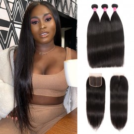 Julia Straight Indian Human Virgin Hair 3 Bundles With Lace Closure