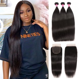 Julia Straight Human Hair 3 Bundles With 4x4 Transparent Lace Closure