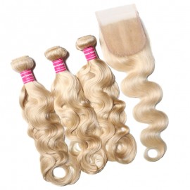 Julia 613 Color Real Human Hair 3 Bundles With 4x4 Lace Closure Quality Blonde Body Wave Weaves With Closure