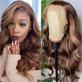 Julia Transparent 13x4 Body Wave Honey Blonde Ombre Color Highlight 150% Density Lace Front Human Hair Wigs For Women Invisible Pre Plucked