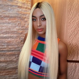 Julia T4613 Blonde Color 13x4 Lace Front Wig With Dark Brown Roots Glueless Transparent Lace Straight Human Hair Wigs