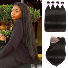 Julia 4Pcs Soft Brazilian Natural Straight Hair Weave Bundles With 1Pc Thick Lace Frontal For Sale
