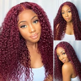 Julia Jerry Curly 13x4 Lace Front Human Hair Wigs Colored 99J Burgundy Wigs Pre Plucked Red Wine Wigs WIth Baby Hair