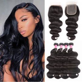 Julia 4Pcs Body Wave Hair Bundles With 4x4 Transparent Lace Closure Human Hair