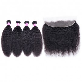 Julia Kinky Straight Hair Weaves 4 Bundles With Frontal 100% Pure Kinky Straight Human Hair 13x4 Lace Frontal