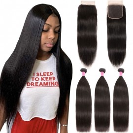 Julia Straight Human Hair Weaves 3 Bundles With Lace Closure Best Brazilian Hair Natural Color