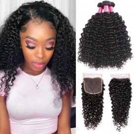 Julia 1Pc Virgin Curly Brazilian Hair Closure With 3 Bundles Of Curly Hair Weaves