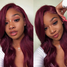 Julia Burgundy Color Body Weave 4x4 Lace Part Wig Send Burgundy Headband Body Wave Wig14 Inch For Free