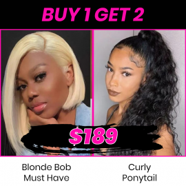 Julia Buy One Get One Free: 613 Blonde Color Short Bob 4x4 Lace Closure Wigs With Curly Weave Ponytail 100% Human Hair