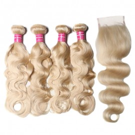 Julia 613 Color 4 Bundles Brazilian Human Hair Body Wave With Closure T1B/613 Color Body Wave Human Bundles With Closure