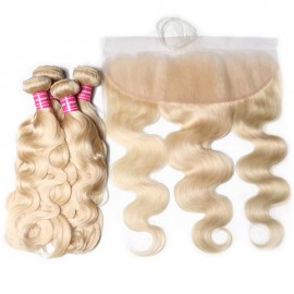 Julia 613 Body Wave Brazilian Hair 4 Bundles With Frontal Quality Blonde 13X4 Lace Frontal Pre Plucked